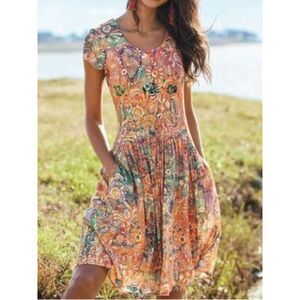 Peruvian Connection Women Size S Aguirre Cotton Floral Boho Mini Dress Art